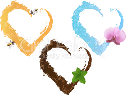 Three liquid hearts (chocolate, honey and water)