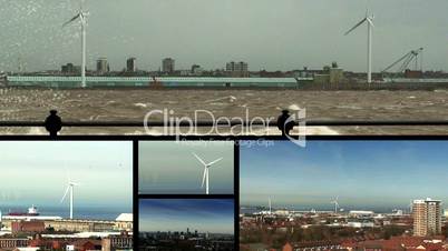 Split screen montage of wind turbines