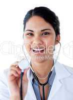 Portrait of a positive doctor holding a stethoscope