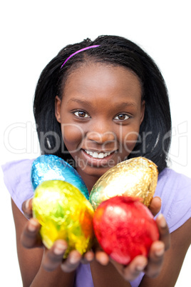 Attractive woman holding colorful Easter eggs
