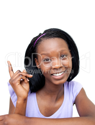 Charming Afro-american woman pointing