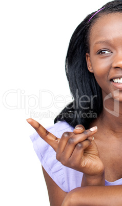 Attractive ethnic woman pointing