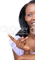 Attractive ethnic woman pointing