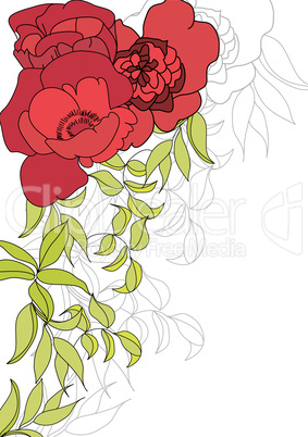 Background with red flowers and green leaves