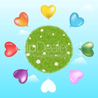Balloons Around Grass Ball With Flowers