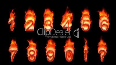 Loopable burning 0, 1, 2, 3, 4, 5, 6, 7, 8, 9. Alpha channel is included. Height of numerals: about 195 pixels (400 pix. with flames)