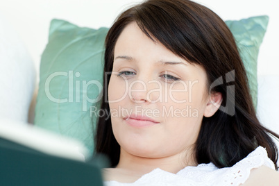 Concentrated woman reading a book lying on a sofa Concentrated woman reading a book lying on a sofa