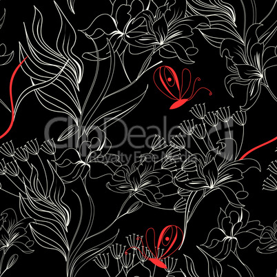 Seamless wallpaper with flowers and butterfly