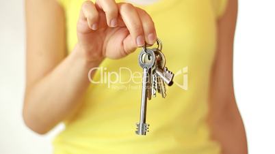 Close up of hand shaking keys