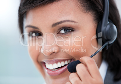 Close-up of a female customer agent at work