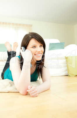 Merry woman watching television