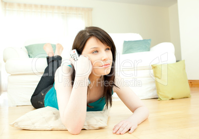 Radiant woman watching television