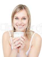 Portrait of a blond woman drinking cofee