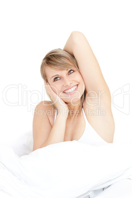 Beautiful woman stretching while getting up