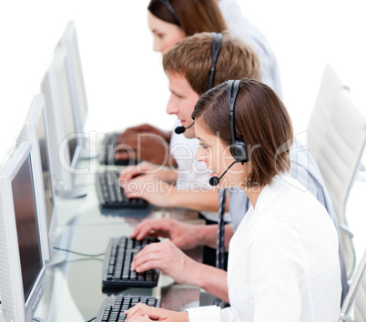 Serious business team working in a call center