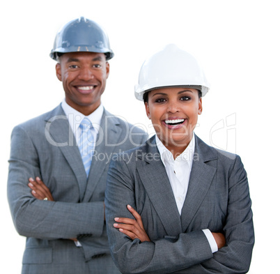 Portrait of two ethnic architects with crossed arms