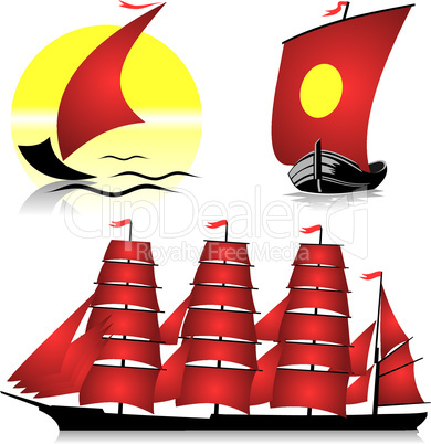 red sailing ships
