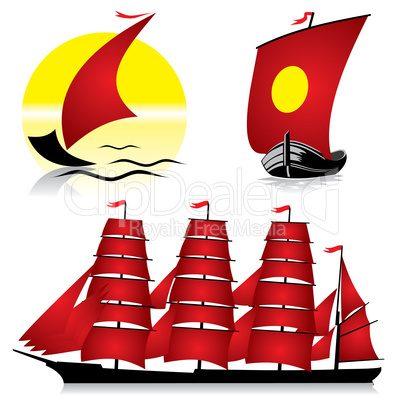 red sailing ships