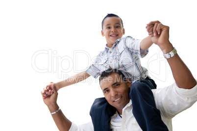 Hispanic Father and Son Having Fun Isolated on White