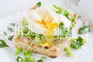 Broadbean crostini with poached egg