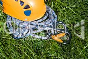 carabiners, helmet and rope