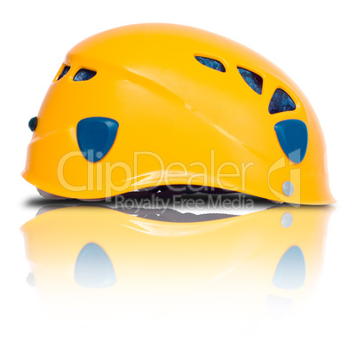 right side view of orange climbing helmet