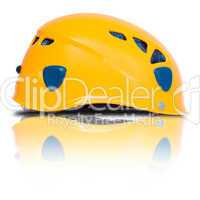 right side view of orange climbing helmet