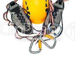 climbing gear - carabiners, helmet, rope, shoes