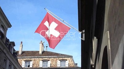 Swiss flag in old town, Geneva, Switzerland