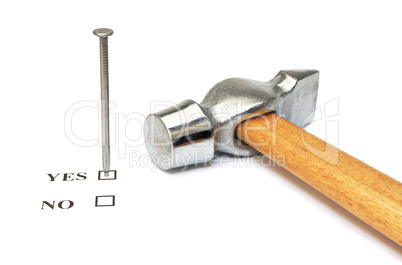 Nail which mark checkbox and hammer on white