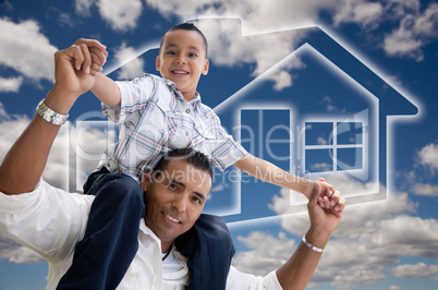 Father and Son Over Clouds, Sky and House Icon