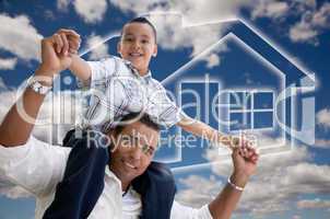 Father and Son Over Clouds, Sky and House Icon