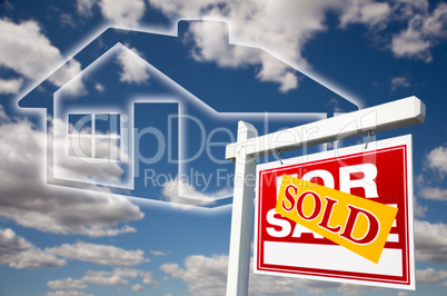 Sold For Sale Sign Over Clouds, Sky and House Icon.