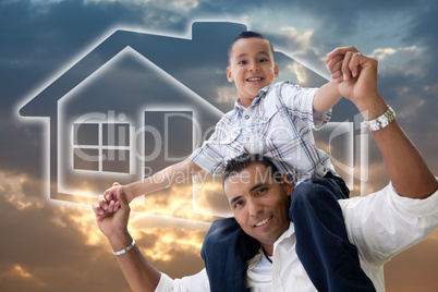 Father and Son Over Clouds, Sky and House Icon.