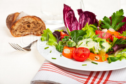 gemischter Salat auf einem weißen Teller mit einer Gabel