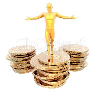 man on golden coins podium