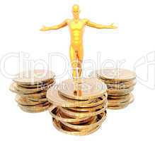 man on golden coins podium