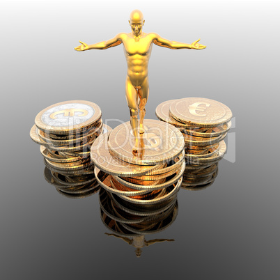man on golden coins podium