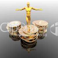 man on golden coins podium