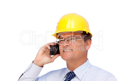 Contractor in Hardhat on His Cell Phone Isoalted