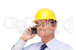 Contractor in Hardhat on His Cell Phone Isoalted