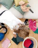 Blond woman doing housework