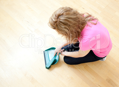 Blond woman doing housework