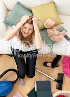 Stressed young woman doing housework