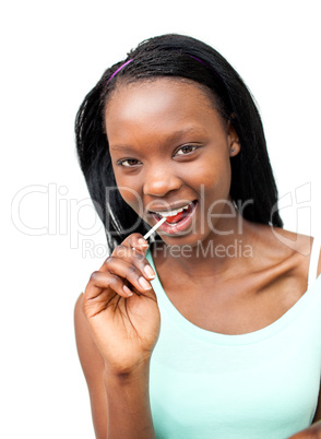Joyful young woman eating a pizza
