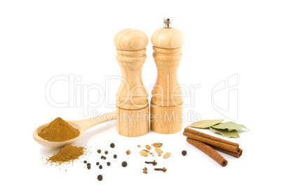 wooden salt shaker, pepper grinder and set of spices