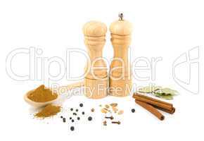 wooden salt shaker, pepper grinder and set of spices