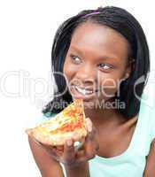 Charming young woman eating a pizza