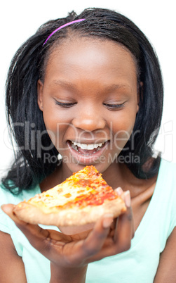 Jolly young woman eating a pizza