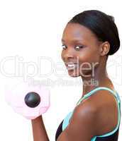 Charming woman working out with dumbbell